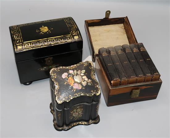 Victorian mother of pearl-inlaid papier mache tea caddy, similar card case and a coromandel box with 6 Shakespeare vols (faults)